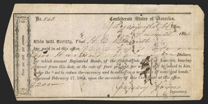 NC. Yanceyville. $200. June 27, 1864. NC-208. Richmond Type II. No. 863. Multiple endorsements on back. FVF with an edge tear at fold upper left, round right corners and
pinholes.