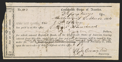 SC. Anderson. $100. March 12, 1864. SC-10. Richmond Type 1A. No. 102. IDR Plate Form, page 296. Two endorsements on back. Fine, light staining, pinholes. From The Holger Dreher
Collection