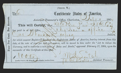 SC. Charleston. $1000. July 1, 1864. SC-38. Charleston Typeset Form 1. No. 6. Another IDR issued to William C. Bee, noted Charleston blockade runner. VF-EF. From The Holger
Dreher Collection