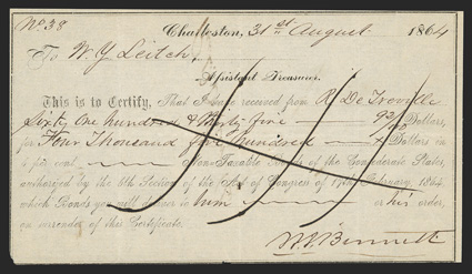 SC. Charleston. $4500. August 31, 1864. SC-43. Charleston Typeset Form 2. No. 38. IDR Plate Form, page 313.  Fine-VF, with ink burn in cancellation, pinholes. From The Holger
Dreher Collection