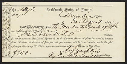 SC. Columbia. $100. August 30, 1864. SC-66. Columbia Local Typeset 1. No. 4473. Made out to the Merchants Bank of South Carolina. Extremely Fine. From The Holger Dreher
Collection