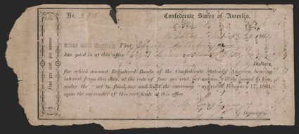TN. Bristol. $100. March 30, 1864. TN-4. Richmond Type IB. No. 209. This appears to be slight anomaly from the records that have been reviewed in that the serial number is an
odd number, while it was believed that only even numbers were use
