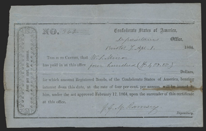 TN. Bristol. $400. April 1, 1864. TN-6. Local Typset. No. 362. Printed on blue paper watermarked J. Paine, Kent Mills, 1861. Tax payment endorsement on back. It is believed 100
certificates were issued. Fine, stain along fold line a