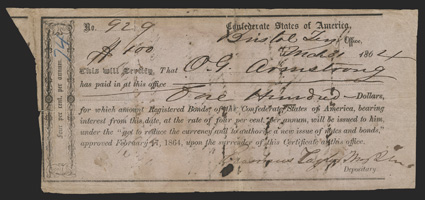 TN. Bristol. $100.  March 31, 1864.  TN-7. Richmond Type II.  No. 929. VGF with small tears at top center and left center edge. Tax statement on back. From The Joe C. Copeland
Collection