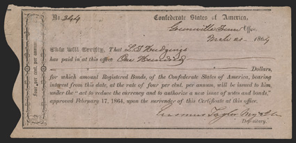 TN. Greenville. $100.  March 21, 1864. TN-16. Richmond Type II.  No. 344. Major Erasmus Taylor, Quartermaster C.S.A. signs as the Depositary.  Payment statement on back. Very
Fine, pinholes. From The Joe C. Copeland Collection