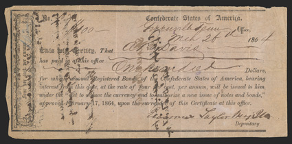 TN. Greenville. $100. March 26, 1864. TN-16. Richmond Type II. No. 707. Signed by Erasmus Taylor, Major Quartermaster CSA. Greenville is located northwest of Nashville, and
located on the Virginia and Tennessee Railroad line. One transfer s