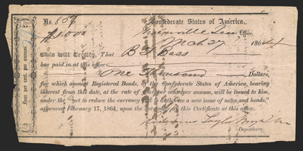 TN. Greenville. $1,000. March 27, 1864. TN-16. Richmond Type II. No. 857 Notice the serial number was corrected from 856 at upper left. VGF with a rough left side and pinholes.
A blue 79 is also noted at upper left. Tax and Transfe