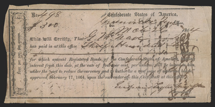 TN. Greenville. $300. March 26, 1864. TN-16. Richmond Type II. No. 498. This Very Good example has pinholes and edge tears at fold lines at top and bottom, and has an
additional sheet of paper glued to the back to handle one last tax st