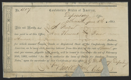 TN. Knoxville. $9,400. June 5, 1863. TN-26. Richmond Type II. No. 417. This Very Good example has been cut out cancelled at the signature line, and has been silked to protect
further damage, as some internal separations are noted al