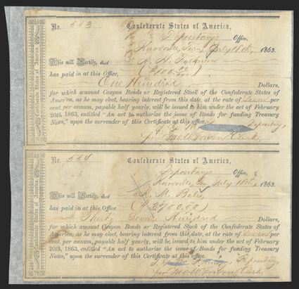 TN. Knoxville. $100$3,700. July 18, 1863. TN-27. Uncut Pair. Nos. 553-554. This pair of Richmond Type II forms have been silked, as it appears a large tear forms from the left
side between the forms and travels halfway up the form. Cut out