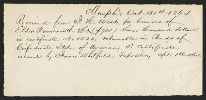 TN. Memphis. $700. Oct. 31, 1864. TN-35. No. 5522. The following three lots are actually Union receipts written upon confiscation of outstanding Confederate IDRs. Memphis fell
to the Union on June 6, 1862, and at present there are no known