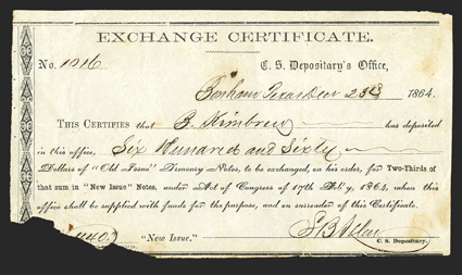 TX. Bonham. $660. December 23, 1864. TX-6. Houston Type 11, Exchange Certificate. No. 1016. Exchanging $660 in Old Issue Confederate notes resulted in receiving $440 in New
notes. VG, due to missing lower left corner and stainin