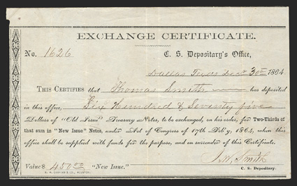 TX. Dallas. $575. Dec. 30, 1864. TX-25. Houston Type 10 Exchange Certificate. No. 1626. This is the IDR Plate Form listed on page 366, and is listed as a Rarity 15 (Unique).
Very Fine with a single pinhole noted, and voucher wri