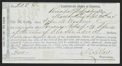 TX. Marshall. $100. Sept. 26, 1864. TX-63. Houston Type 3. No. 218. IDR Plate Form, page 376.  Fine.with internal tear, edge tears at folds, and hinge remnants on back. From
The Holger Dreher Collection