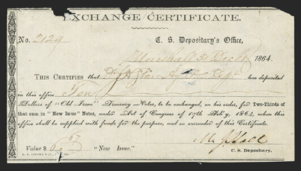 TX. Marshall. $10. Dec 31, 1864. TX-Unlisted. Houston Unlisted Type. No. 2129. This is a discovery item, as the last word of the paragraph, Certificate is capitalized. The
authors have advised that this will be a Houston Type 12A, and t