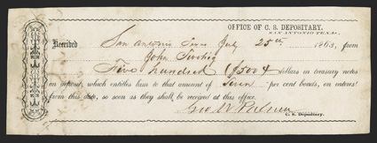 TX. San Antonio. $500. July 25, 1863. TX-80. Plate IDR Form, page 380. This is a San Antonio Local Type 1 form for 7% bonds. Listed as a Rarity 13 (3 - 5 known). VF, with faded
endorsement on back from paper being wet at one time.