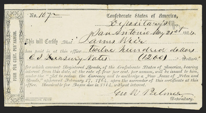 TX. San Antonio. $1200. May 21, 1864. TX-81. Houston Type 1. No. 1072. Endorsement on back. Fine, edge tears, pinholes and insect holes at left. From The Holger Dreher
Collection