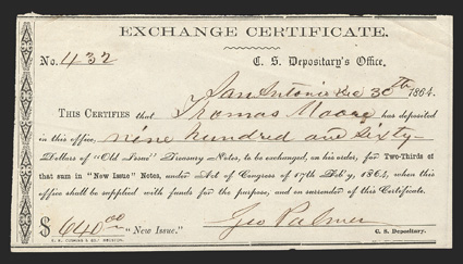 TX. San Antonio. $960. Dec. 30, 1864. TX-87. Houston Type 14 Exchange Certificate. No. 432. This is the IDR Plate Form from page 383, and is listed as a Rarity 15 (Unique).  A
beautiful Extremely Fine example with three pinholes.