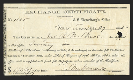 TX. Waco. $70. April 27, 1865. TX-100. Houston Type 13, Exchange Certificate. No. 1105. Mr. McNeal signed the back of the VGF example with a small hole at right
center.