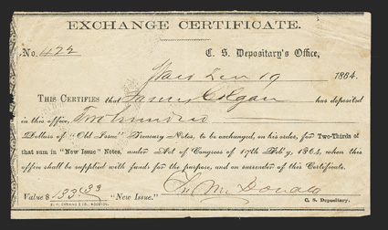 TX. Waco. $200. Dec. 19, 1864. TX-Unlisted. Houston Type 17, Exchange Certificate. No. 472. This is a discovery piece, and upon conferring with the authors of the IDR Book,
catalog number TX-102 has been assigned to this example. VGFine<