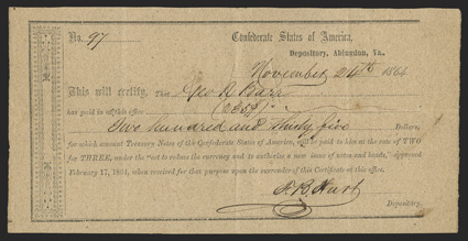 VA. Abingdon. $235. November 24, 1864. VA-24. Similar to Local Typeset 1 (VA-22). No. 97. Plate IDR Form, page 393. The typeset form was changed to meet the note exchange
provisions of this portion of the act. Depository, Abingdon, Va,