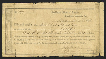 VA. Abingdon. $195. December 10, 1864. VA-24. No. 179. As previous. Very Good with edge tears and internal paper separation.