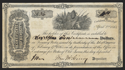 VA. [Richmond]. $10. April 2, 1864. VA-52. Fancy Engraved Certificate of Deposit. No. 34. This engraved certificate of deposit, one of three known, features Confederate shield,
laurel wreath, drum, cannon, cannon balls and flags. Lithograph