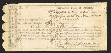 VA. Orange. $100. March 15, 1864. VA-238. Richmond Type II. No. 6. Plate IDR Form, page 456. This was issued through the Military Depositary of the Army of Northern Virginia,
Third Corps (A. P. Hill), Orange Courthouse. VG-Fine, tear