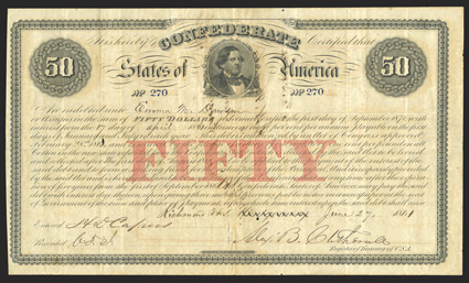 Act of February 28, 1861. $50. Cr. 1A, B-11. No. 270. Howell Cobb in oval underneath Confederate in title. Richmond written in with Montgomery crossed through. Toned, overall
wear, a very good Fine.