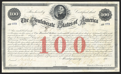 Act of February 28, 1861. $100. Cr. 2, B-12. No. 173. Andrew Jackson, center. Signed by Clitherall. Transfer form in red on verso, ABN. Light dampstaining at right, folds, a
strong VF. From The Holger Dreher Collection