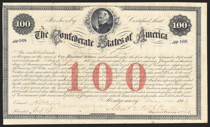 Act of February 28, 1861. $100. Cr. 2, B-12. No. 168. As previous. Signed by Clitherall. Wrinkles, overall toning, light edge wear, some foxing, about VF. From The Holger
Dreher Collection