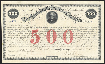 Act of February 28, 1861. $500. Cr. 3A, B-15. No. 171. John C. Calhoun, center. Montgomery crossed out, Richmond written in. Signed by Jones. Red transfer on verso, ABN.
Overall toning, folds, light edge wear, VF. From The Holger