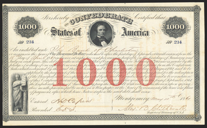 Act of February 28, 1861. $1000. Cr. 4, B-16. No. 234. Jefferson Davis as U.S. Senator, center. Man in classical garb with scroll, lower left. Signed by Clitherall. Issued in
the provisional Confederate capital of Montgomery. Fewer than 400 iss