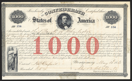 Act of February 28, 1861. $1000. Cr. 4, B-16. No. 154. As previous. Signed by Clitherall. Red transfer on verso, ABN. Stains in margins, left edge trimmed to border, a strong
Fine From The Holger Dreher Collection