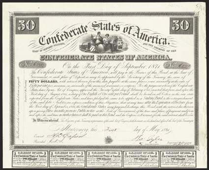 Act of February 28, 1861. $50. Cr. 5, B-2. No. 6341. On thick bond paper. Two females representing Commerce and Agriculture, ships and factories behind. Signed by Tyler. 9
coupons below. Folds, wear at right edge including nick at fold, about