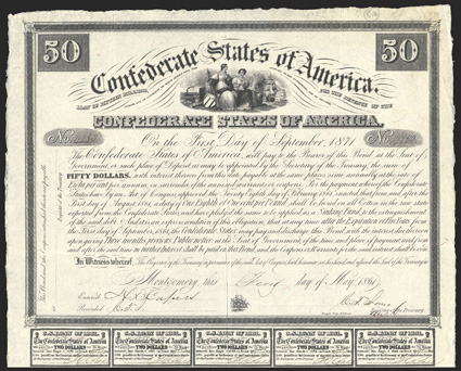 Act of February 28, 1861. $50. Cr. 5A, B-1. No. 4752. On thin red silk fiber paper. As preceding. Signed by Jones. 18 coupons below. Folds, toning, light toning at top right,
about VF From The Holger Dreher Collection