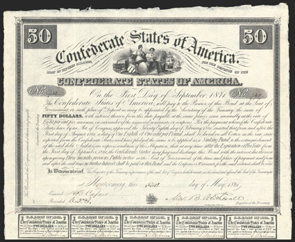 Act of February 28, 1861. $50. Cr. 5A, B-1. No. 741. As previous. Signed by Clitherall. 19 coupons below. Folds, toning, pencil note on verso, VF. From The Holger Dreher
Collection