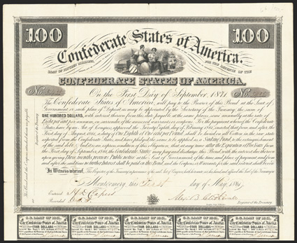 Act of February 28, 1861. $100. Cr. 6, B-4. No. 5435. As preceding. Signed by Clitherall. 19 coupons below. Fold and edge wear including nicks at edges, one tiny closed tear,
about VF. From The Holger Dreher Collection
