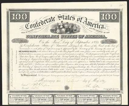 Act of February 28, 1861. $100. Cr. 6, B-4. No. 7923. Commerce and Agriculture. Signed by Tyler. 14 coupons below. Folds, light edge wear, some very light foxing, VF. From The
Holger Dreher Collection
