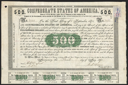 Act of February 28, 1861. $500. Cr. 7, B-6. No. 2948. Arabic 500 in ornate green scroll at center. Signed by Jones. Dutch stamp at upper right. Folds, light toning, about
VF+.