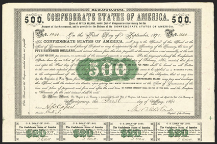 Act of February 28, 1861. $500. Cr. 7, B-6. No. 1340. As preceding, but signed by Clitherall. 13 coupons below. Folds, but sharp and VF. From The Holger Dreher
Collection