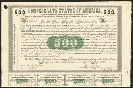 Act of February 28, 1861. $500. Cr. 7, B-6. No. 3326. Arabic 500 in ornate green scroll medallion at center. Signed by Tyler. 16 coupons below. Hole in upper left margin,
overall toning, folds, stamp trace in left coupon margin, a strong