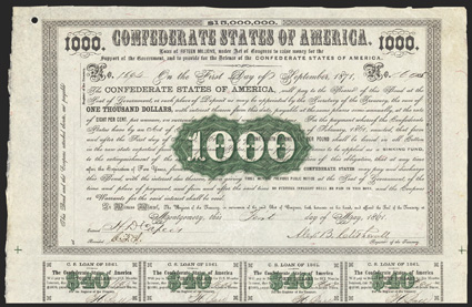 Act of February 28, 1861. $1000. Cr. 8, B-9. No. 1695. Arabic 1000 in ornate green scroll at center. Printed on thin red silk fiber paper. Signed by Clitherall. CSA Bondholders
Committee stamp on verso. Smoothed wrinkles and minor edge we