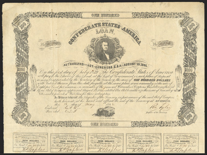 Act of August 19, 1861. $100. Cr. X-34, B-C73. No. 4194. Stephen R. Mallory, center top dog and chest, center bottom. Forged Tyler signature. Note white dot above Mallorys
right shoulder in field of top center vignette. 16 coupons present bel