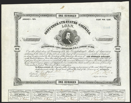 Act of August 19, 1861. $100. Cr. 35, B-76. No. 534. R.M.T. Hunter. Blue stamped 5141 at upper right. Signed by Tyler. 20 coupons below. Soiling in margin, very light foxing,
sharp VF. From The Holger Dreher Collection