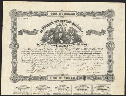 Act of August 19, 1861. $100. Cr. 36, B-80. No. 811. J. H. Reagan surrounded by three female allegoricals. Signed by Tyler. 17 coupons below. Overall light toning, folds,
foxing at coupons, VF. From The Holger Dreher Collection