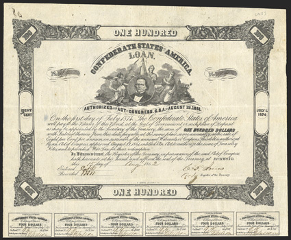 Act of August 19, 1861. $100. Cr. 37, B-84. No. 94. Portrait of Robert Toombs surrounded by three allegorical females. Signed by Jones. 19 coupons below. Ink stain in margin,
some foxing, folds, light edge wear, but VF. From The Holge