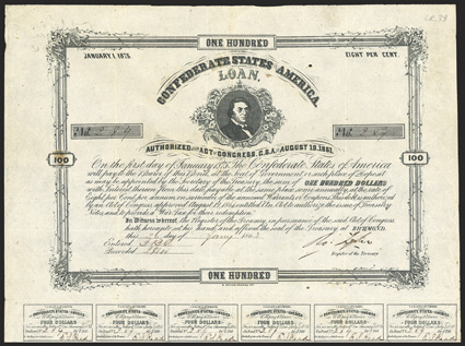 Act of August 19, 1861. $100. Cr. 38, B-87. No. 284 As previous. Without error. Signed by Tyler. 20 coupons below. Edge wear, light foxing, VF. From The Holger Dreher
Collection