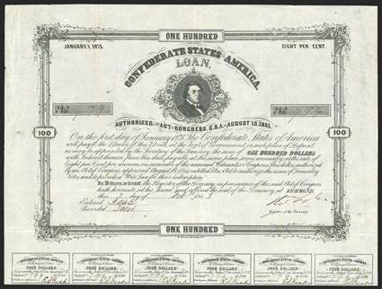 Act of August 19, 1861. $100. Cr. 38, B-89. No. 794. As previous. This Criswell example features blue-black ink. Signed by Tyler. 20 coupons below. Toned at folds, very light
foxing, VF. From The Holger Dreher Collection