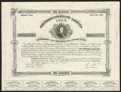 Act of August 19, 1861. $100. Cr. 38, B-89. No. 355. Printing Error. R.M.T. Hunter. Signed by Tyler. 20 coupons below. Light foxing mostly in margins, folds, VF. From The
Holger Dreher Collection